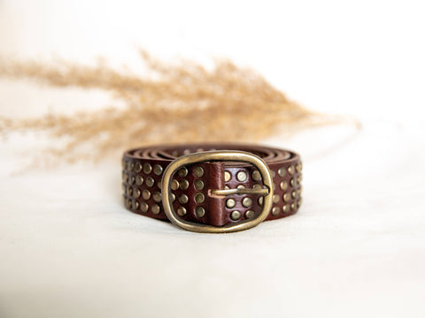 DARK BROWN LEATHER BELT WITH STUDS