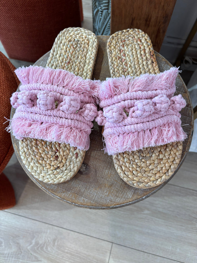 Macrame Woven Sandals -Rose shadow Pom Pom