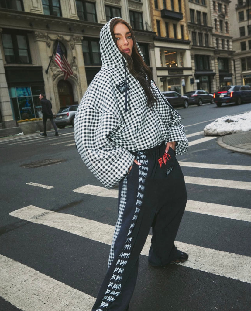 THE BE HAPPY GINGHAM PADDED BOMBER