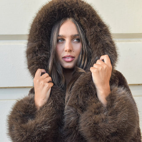 Hooded faux fur coat