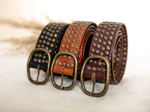 DARK BROWN LEATHER BELT WITH STUDS