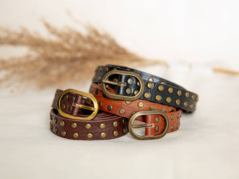BROWN LEATHER BELT WITH SMALL STUDS