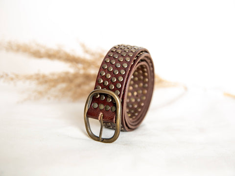 DARK BROWN LEATHER BELT WITH STUDS