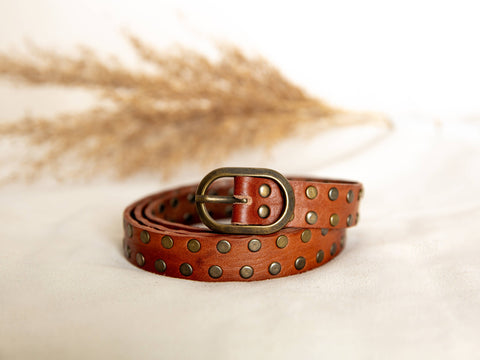 BROWN LEATHER BELT WITH SMALL STUDS