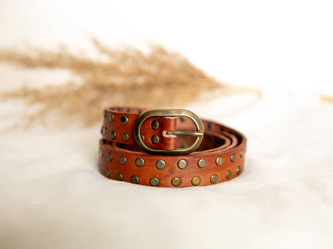 BROWN LEATHER BELT WITH SMALL STUDS